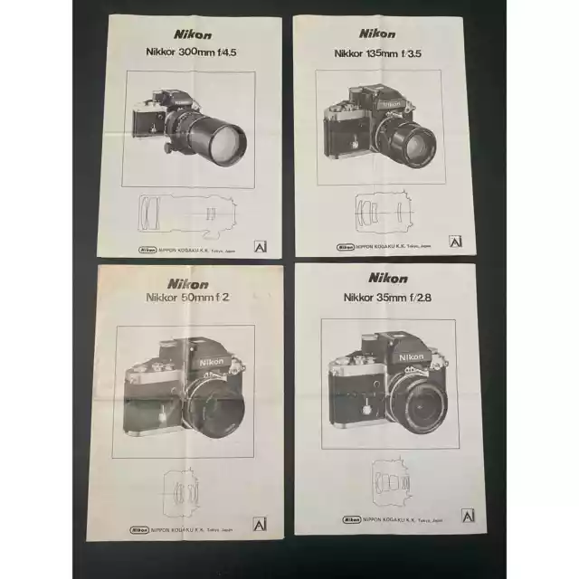 Juego de 4 folletos de lentes Nikon Nikkor vintage