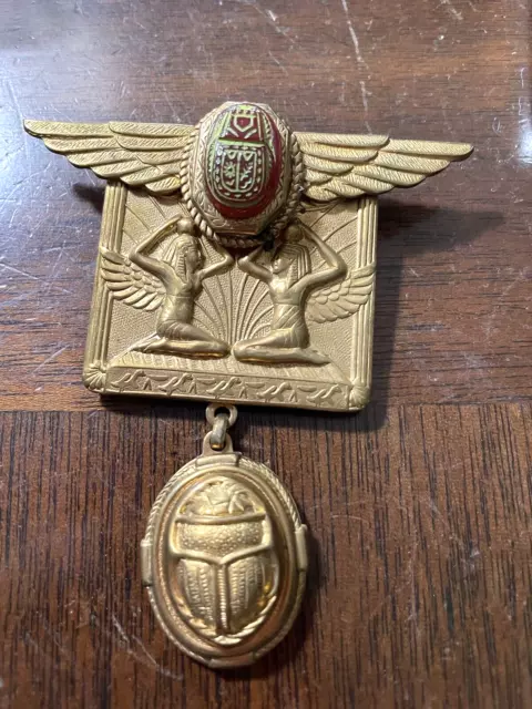 Vintage Egyptian Revival Neiger Brass Brooch Czech Molded Glass Scarab & Pendant