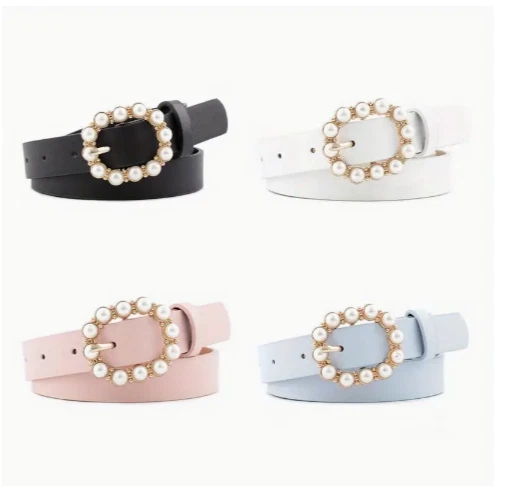4pcs Summer Leather Pearl Belt Versatile Fashion Japanese Character Buckle Belt