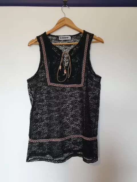 The Rockin Rev Womens Size S Black Sheer Crochet Peasant boho beaded tank Top