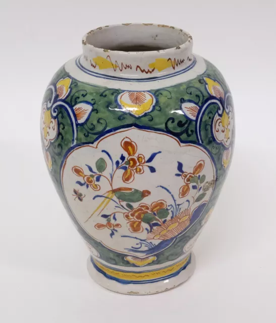 Antique 18thC Dutch Delft Delftware Pottery Polychrome Vase