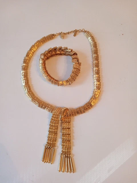 Vtg MONET DRAGON Scale Link Tassel STATEMENT NECKLACE Articulated With Bracelet