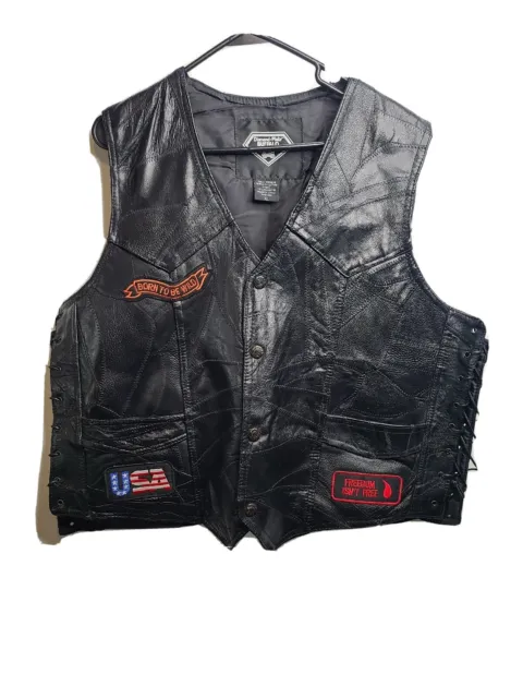Diamond Plate Buffalo Leather Biker Riding Vest Black With Patches Mens XL