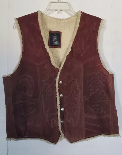 Vtg Mens L 70s Vest Leather Brown Hand Tooled Horse Stag Western Hippie BB