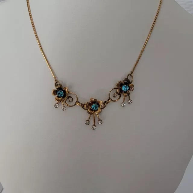 Vintage Van Dell 12k Gold Fill Blue Gem Necklace With Matching Earrings 15" 3