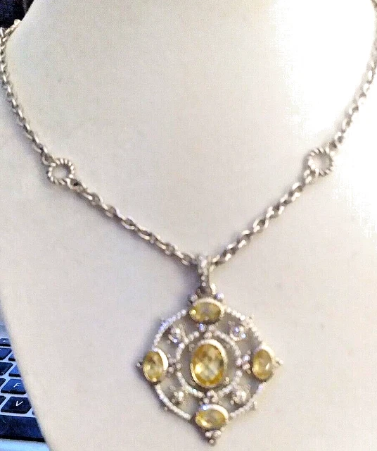JUDITH RIPKA STERLING SILVER CITRINE CZ PENDANT enhancer 20" rolo chain necklace