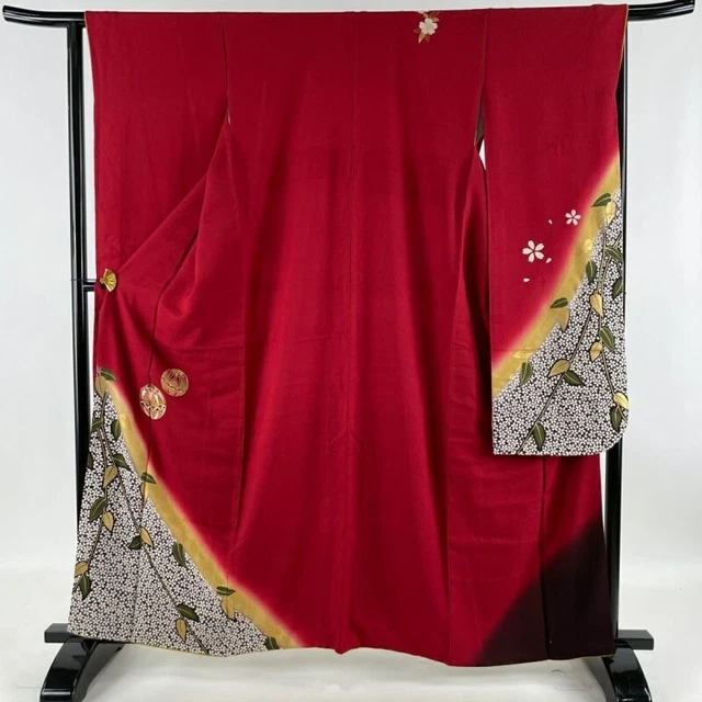 Japanese Kimono Furisode Pure Silk Temari Cherry Blossoms Gradation Madder Red