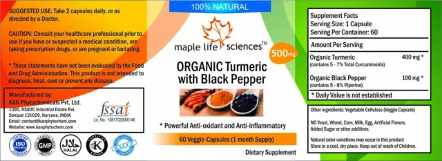 ORGANIC Turmeric + Black Pepper Capsules: Piperine and Curcumin: 500 mgs 3