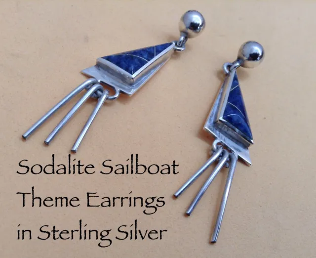 Taxco 925 Nice Sterling Silver Sodalite Inlayed Earrings Sailboat Style Dangles