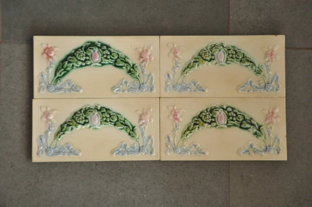4 Pc Vintage Garland Design FM Mark Majolica Colorful Ceramic Tiles,Japan