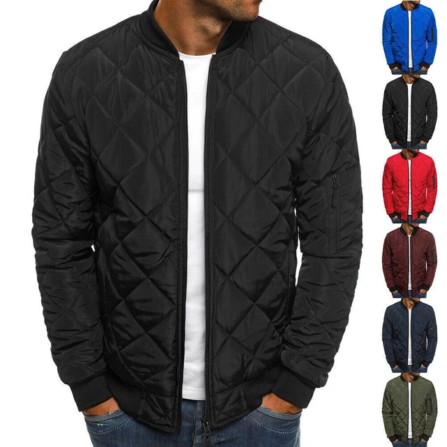 Men Winter Warm Bomber Diamond Quilted Jacket Thick Zipper Puffer Coats Outdoor