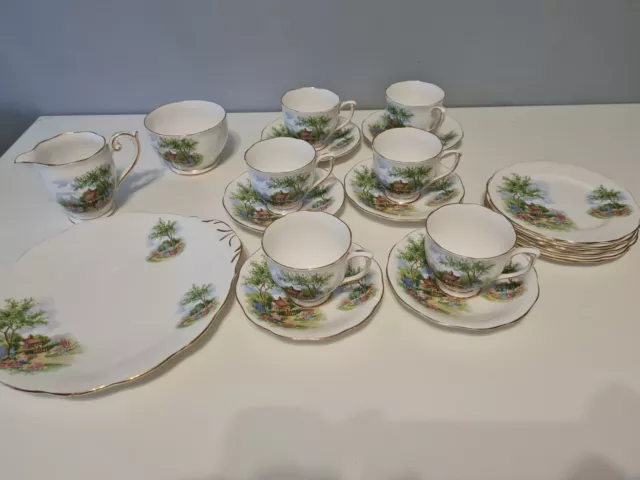 Queen Anne Tudor Cottage Fine Bone China Afternoon Tea Set Vintage 1950s rare.