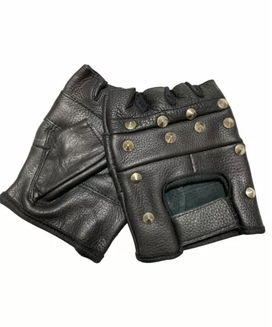 Genuine-Leather-Black-Leather-Fingerless-Mens-Studded-Gloves New