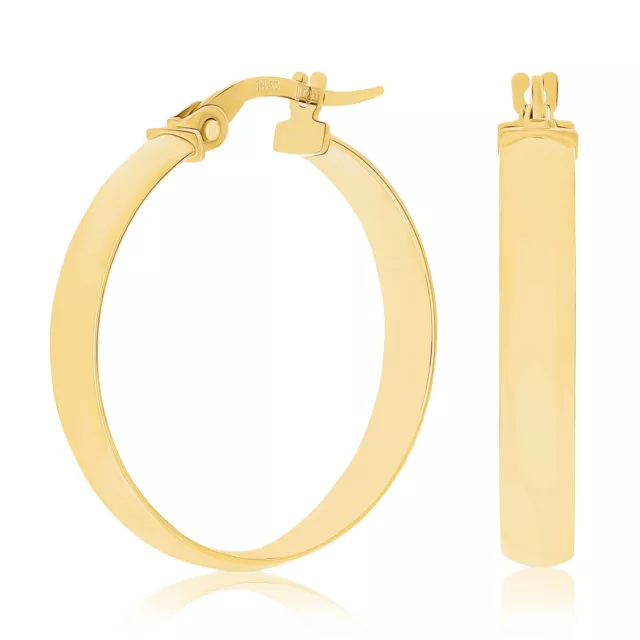 Italian 14k Yellow Gold Shiny Rounded Flat Medium Hollow Hoop Earrings 1" 1.8g