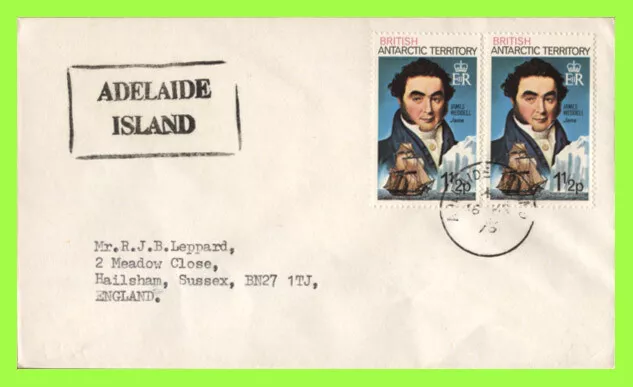 British Antarctic Territory 1975 1½p x 2 on cover to England, 'Adelaide Island'