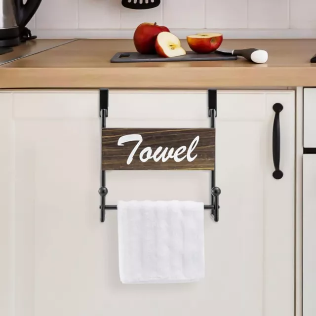 Matte Black Metal Over Cabinet Door Hand Towel Bar Holder w/ Burnt Wood Panel