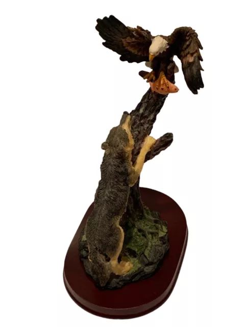 Bald Eagle On Tree Top With Climbing Wolf 10”  Statue Sculpture Figurine