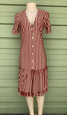 ZARA Beige RED TWO-TONE STRIPED Dress RUFFLES  Small VISCOSE 3401