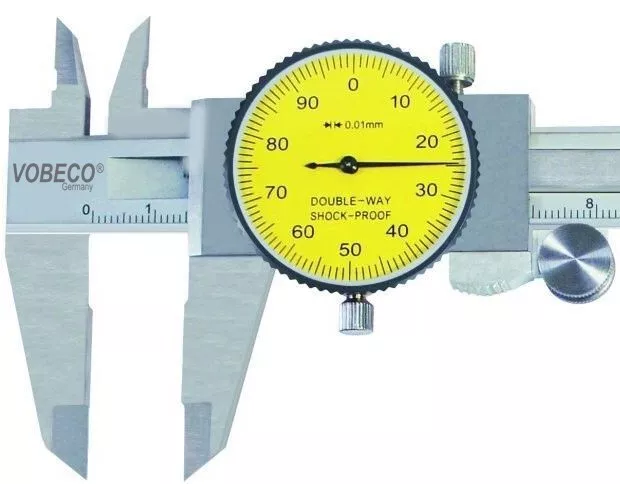 Uhr-Messschieber 150/0,01mm, Schieblehre m. Rundskala stoßgeschützt im ABS Etui