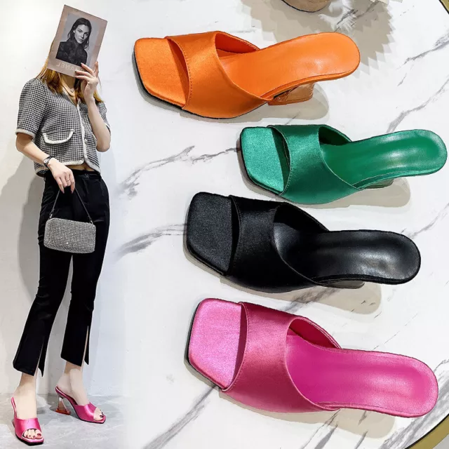 Summer Womens Block Slip On Slippers Square Open Toe Shoes US Fashion Sandals