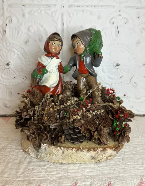 Vintage Ceramic Girl Puppy Boy Carrying Tree Christmas Figurine Birch Pine Comes 3