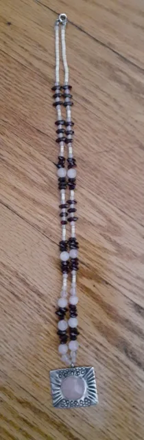 Native American Sterling Silver Rose Quartz Pendant Garnet Beaded Necklace 925