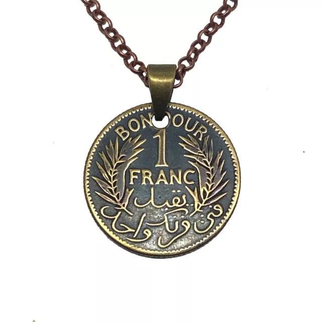 Coin Necklace or Key Ring, Tunisia 1921 One Franc Antiqued With Copper Chain