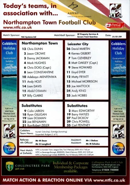 Team Sheet - Northampton Town v Leicester City 31.1.2009