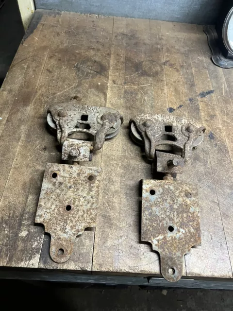 Antique Rare Coburn Holyoke Mass Cast Iron Barn Door Rollers Hangers Pair Set