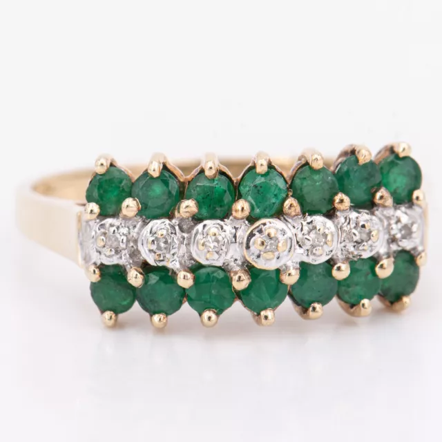 Gr. 58 - Vintage Smaragd & Diamant 0,035 ct. Damenring in 417/10K Gelbgold