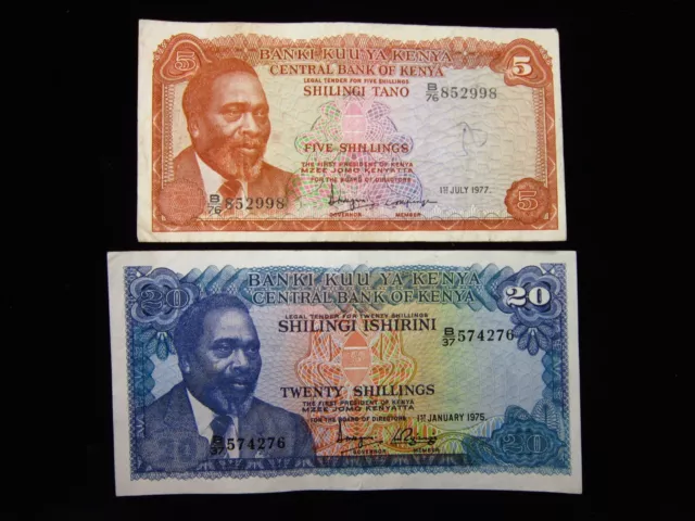 KENYA 5 Shilingi 1977 & 20 1975 Lot Central Bank Banki Kuu Shillings 4276# Money