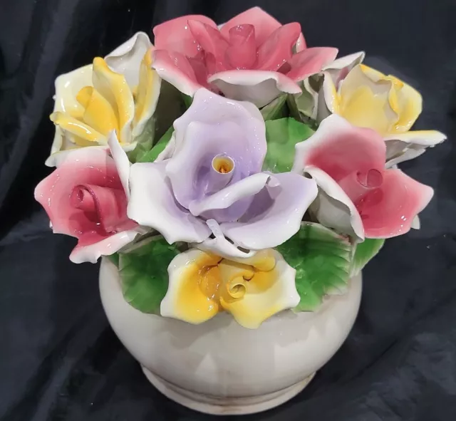 Capodimonte Large Pot Of Roses  Centerpiece Porcelain Rare Purple Roses Mint