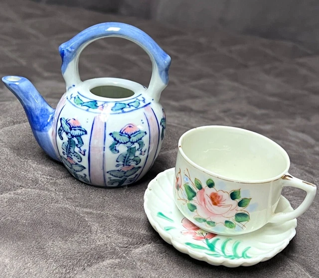 Ceramic Ben Rickert Floral Painted Tea Pot & Cup Saucer Made in Occupied Japan