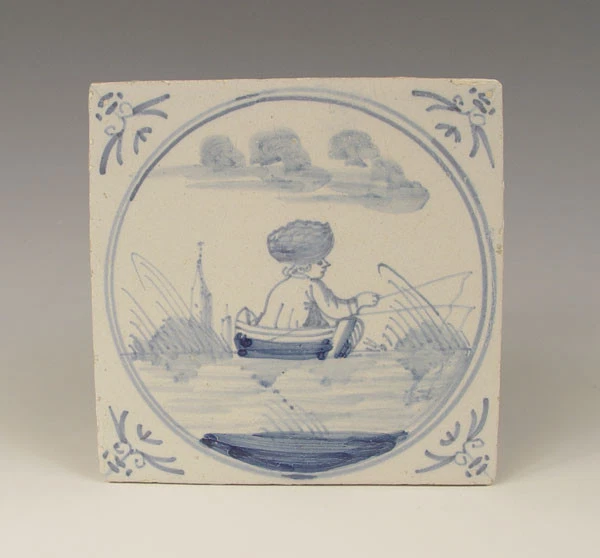 Dutch Delft Tile Fisherman + Boat 18th C.