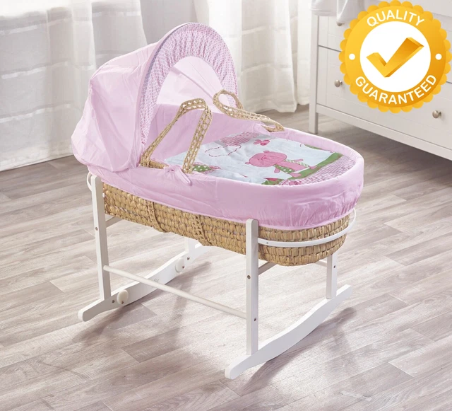 Girls Pink Palm Moses Basket Rocking Stand ,Bedding ,Mattress Nursery Essentials