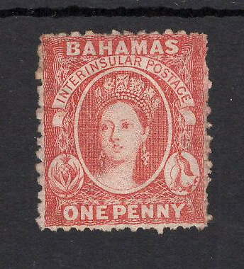 M3851 Bahamas 1863 SG24x - 1d red with Wmk Crown CC reversed, perf 12½.