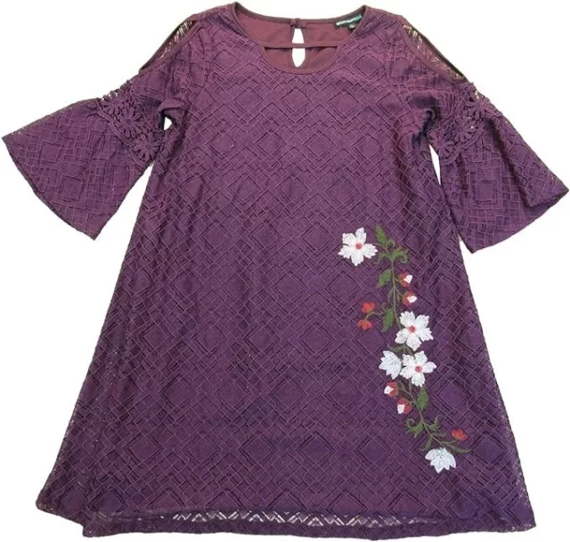Sequin Hearts Big Girls' Floral Embroidered Cold-Shoulder Lace Dress 14 Burgundy