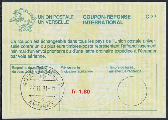 1991 International Reply Coupon issued in Switzerland