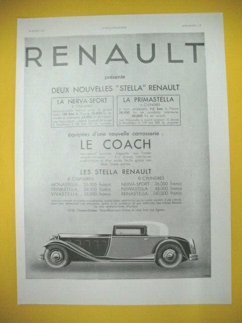 Publicite De Presse Renault Automobile Nerva-Sport Et Primastella 1932