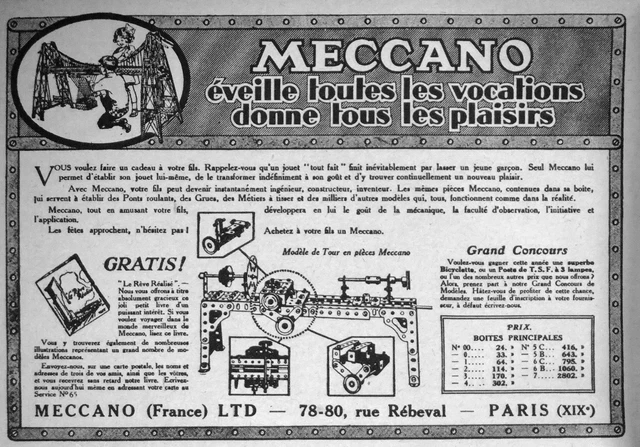 PUBLICITÉ DE PRESSE 1925 MECCANO ÉVEILLE TOUTES LES
