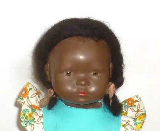 Alte farbige Schildkröt Puppe mit Haaren 34cm Schildkrötpuppe dunkelbraun dunkel