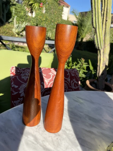 Pair of 1960's Wood Fluted Walnut Candlestick Holders  MCM 3