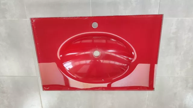 Vasque lavabo à poser en verre rouge d'occasion, 80,5cmx52,5cm