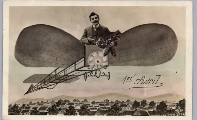 SURREAL FRENCH APRIL FISH AIRPLANE c1910 real photo postcard rppc antique silly