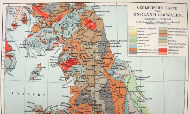 England & Wales - Original 1905 Geological Map by Meyers Geologische Karte 3