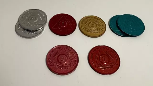 AA MEETING SOBRIETY Coins / Tokens Lot of 8 - 24 hours and 1, 2, 3, 5 ...