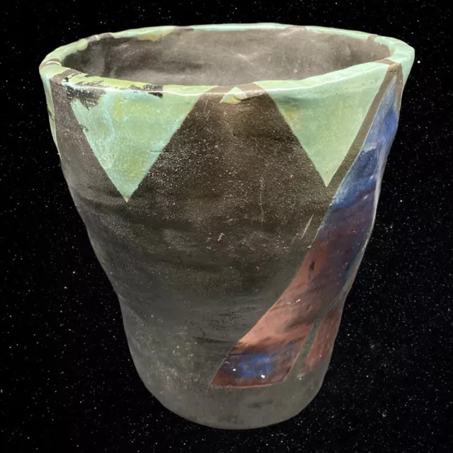Vintage Raku Art Pottery Teal Metal Glazed Iridescent Planter Vase Sign 7”T 6”W 2