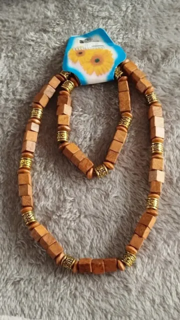 magnifique Parure élastique collier et bracelet ton bois doré bijoux fantaisie