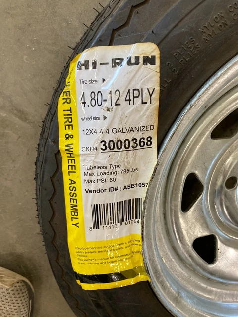 1 New Tire Wheel Rim Trailer Assembly 4.80 12 Hi Run 4ply 4 Bolt 12x4 Old Stock