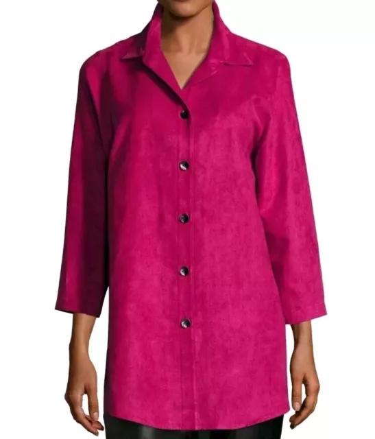 New Caroline Rose Pink Faux Suede Button-Up Shirt Polyester Long Jacket Size XL